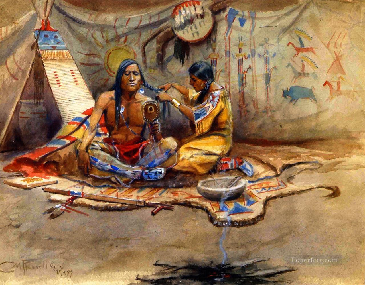 Salón de belleza indio 1899 Charles Marion Russell Pintura al óleo